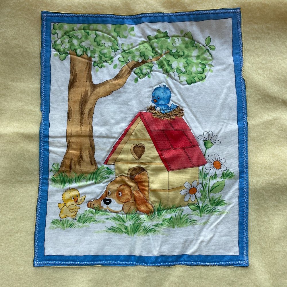 Vintage Hand Crafted Yellow Baby Blanket Animal Appliques Satin Edge Floor Time